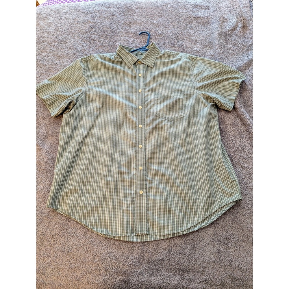 Cherokee Mens XL Green White Plaid Short Sleeve Button‎ Shirt Pocket Box Pleat